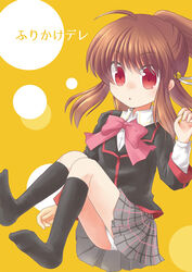  black_socks bow brown_hair comiket_86 commentary_request cover cover_page doujin_cover female foot_out_of_frame kneehighs little_busters! little_busters!_school_uniform long_hair natsume_rin no_shoes panties pantyshot pink_bow ponytail red_eyes ryuuga_nanamaru school_uniform sitting socks underwear white_panties 