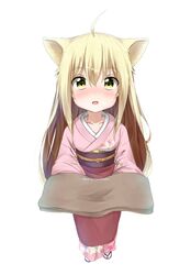  ahoge animal_ears artist_name blonde_hair blush commentary_request eyebrows female highres japanese_clothes kimono konohana_kitan lolicon long_hair looking_at_viewer oerba_yun_fang open_mouth simple_background solo standing towel very_long_hair white_background yellow_eyes youthpaint yuzu_(konohana_kitan) 