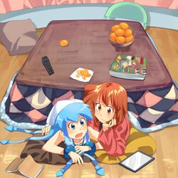  2girls aizawa_eiko arm_around_waist bad_id bad_pixiv_id blue_eyes blue_hair blush book bracelet brown_eyes brown_hair controller dress food fruit hair_ornament hat head_rest ikamusume jewelry kikiki_(hiya_mikan) kotatsu long_hair lying mandarin_orange multiple_girls on_stomach open_mouth pillow remote_control shinryaku!_ikamusume short_hair smile table 