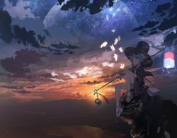  blue_hair closed_mouth cloud cloudy_sky commentary_request crusaders_quest female flower full_moon hair_flower hair_ornament hat highres holding korin_(crusaders_quest) lantern long_sleeves moon outdoors sandals short_hair sitting sky smile solo star_(sky) starry_moon starry_sky sunset top_hat traditional_clothes whitebear 