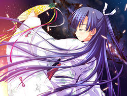  fan game_cg hoshizora_e_kakaru_hashi japanese_clothes koumoto_madoka long_hair night purple_hair ryohka yukata 