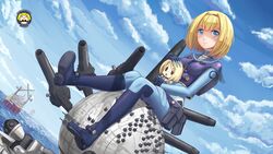  blonde_hair blue_eyes bodysuit cannon character_doll chinese_commentary commentary_request doll dutch_angle female hairband heavy_object highres huanghyy mecha milinda_brantini military military_vehicle non-humanoid_robot object_(vehicle) photoshop_(medium) robot science_fiction short_hair sitting solo 