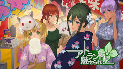  4girls atoko blonde_hair blue_eyes blush border_break borrowed_character bow brown_hair character_request commentary_request damegane dark-skinned_female dark_skin ecm-ko_(kumabukuro) festival flower green_eyes green_hair hair_between_eyes hair_flower hair_ornament hairbow hand_fan highres japanese_clothes kimono kong_(kumabukuro) kyuubee lips mahou_shoujo_madoka_magica mahou_shoujo_madoka_magica_(anime) multiple_girls paper_fan personification photoshop_(medium) ponytail purple_hair ramune red_hair smile translation_request twintails uchiwa 