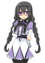  :o akemi_homura akemi_homura_(magical_girl) alternate_breast_size black_hair black_pantyhose blush braid breast_lift breasts commentary_request female flying_sweatdrops glasses hairband kurakumo_nue large_breasts long_hair long_sleeves looking_at_viewer magical_girl mahou_shoujo_madoka_magica mahou_shoujo_madoka_magica_(anime) open_mouth pantyhose purple_eyes red-framed_eyewear scrunchie shirt simple_background skirt solo twin_braids very_long_hair white_background 