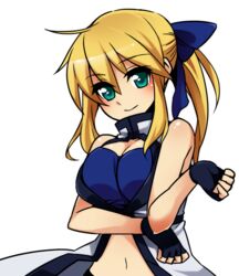  aqua_eyes bare_shoulders blonde_hair blue_bra bra breasts female fingerless_gloves genderswap_(mtf) gloves guilty_gear ky_kiske kyko long_hair m.u.g.e.n medium_breasts navel ribbon rule_63 