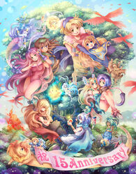  6+boys 6+girls :d angela_(seiken_densetsu_3) anniversary annotated armor banner bare_shoulders barefoot beard bird blonde_hair blue_eyes blue_hair blush boots bracelet bridal_gauntlets brown_eyes brown_hair cape carrying charlotte_(seiken_densetsu_3) closed_eyes colorful commentary_request deathjester dress dryad_(seiken_densetsu) duran_(seiken_densetsu_3) eagle_(seiken_densetsu_3) everyone facial_hair faerie_(seiken_densetsu_3) fairy fairy_wings fins flammie giant_tree gloves gnome_(seiken_densetsu) green_eyes green_hair halo hat hawkeye_(seiken_densetsu_3) head_fins headband heath_(seiken_densetsu_3) helmet highres holding_hands interlocked_fingers jessica_(seiken_densetsu_3) jewelry jinn_(seiken_densetsu) kevin_(seiken_densetsu_3) koren_no_madoshi leotard long_hair low-tied_long_hair luna_(seiken_densetsu) mana_tree mermaid milan1000 monster_girl multiple_boys multiple_girls oerba_yun_fang open_mouth pointy_ears polearm princess_carry purple_eyes purple_hair red_leotard riesz salamander_(seiken_densetsu) scythe seiken_densetsu seiken_densetsu_3 shade_(seiken_densetsu) shoulder_pads smile tabard tree trident undine_(seiken_densetsu) very_long_hair weapon will-o&#039;-wisp_(seiken_densetsu) winged_helmet wings 