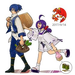  1boy ahoge bag bakumatsu_rouman basket blue_hair commentary_request cup dated fangs female food height_difference ichijou_akari kaede_(bakumatsu_rouman) leaf lunchbox maple_leaf onmyouji purple_hair shorts snk spoon tea teacup yamamu_(ymm163) 