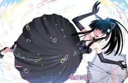  :d bare_shoulders black_dress black_gloves black_hair bow copyright_name dress elbow_gloves female flower gloves hair_flower hair_ornament hair_ribbon hattori_mitsuru highres hydrangea long_hair looking_at_viewer official_art open_mouth ponytail red_eyes ribbon sanka_rea sankarea shoes smile solo umbrella water_drop 