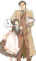  1boy apron bag black_hair bob_cut bread clothes_grab commentary_request crossover female food formal futaba_channel grey_eyes hand_on_another&#039;s_head hug inogashira_gorou jacket_grab kodoku_no_gourmet long_coat maid maid_headdress manly necktie pantyhose paper_bag shirley_(manga) shirley_medison shopping_bag short_hair smile suit tori_(driftwood) translated white_legwear 