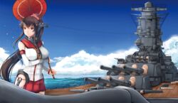  anchor battleship breasts brown_hair cherry_blossoms chiyo_goya cloud commentary day detached_sleeves english_commentary female flower hair_flower hair_ornament headgear historical_name_connection holding holding_umbrella imperial_japanese_navy kantai_collection large_breasts long_hair military military_vehicle miniskirt name_connection object_namesake ocean oil-paper_umbrella outdoors pleated_skirt ponytail radar radio_antenna red_skirt red_umbrella ship skirt solo turret type_96_light_machine_gun umbrella vehicle_and_personification very_long_hair warship watercraft wooden_deck yamato_(battleship) yamato_(kancolle) 