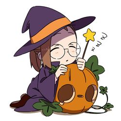  brown_hair closed_eyes commentary_request female fujiwara_hazuki glasses hat jack-o&#039;-lantern long_hair ojamajo_doremi ponytail pumpkin round_eyewear simple_background sleeping solo star_(symbol) takken_(kupipo) wand white_background witch_hat zzz 