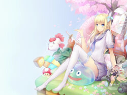  absurdres bad_id bad_pixiv_id blonde_hair blue_eyes book camera cherry_blossoms dragon_quest electric_guitar female flower food gibson_les_paul guitar hair_ornament headphones highres instrument ji_dan katana long_hair macaron mario_(series) melty_(shining_hearts) original pleated_skirt purple_skirt school_uniform shining_(series) shining_hearts skirt slime_(dragon_quest) smile solo sword thighhighs weapon white_thighhighs 