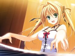  blonde_hair game_cg green_eyes kamiyama_reika kourin_no_machi_lavender_no_shoujo piano twintails yuuki_hagure 