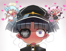  3girls @_@ angel angel_and_devil angel_wings black_hair blue_hair blush bow_(weapon) commentary_request confused dark-skinned_female dark_skin demon_tail demon_wings ear_blush eyepatch full-face_blush gakuran halo hat heart horns index_finger_raised isadora_finnsdottir lotte_no_omocha! mini_person minigirl multiple_girls multiple_persona oerba_yun_fang ogata_zen open_mouth pink_hair pointy_ears polearm school_uniform short_hair shoulder_angel shoulder_devil sparkle steam straight-on sweat tail trident twintails weapon wings 