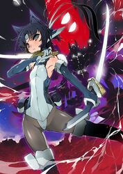  animal_ears black_hair blue_eyes bodysuit commentary_request dog_ears dual_wielding female flat_chest hachimaki headband holding kyoukaisenjou_no_horizon naitou_ryuu pantyhose satomi_yoshiyasu short_hair solo sword weapon 