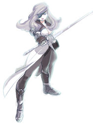  armor beatrix_(ff9) blue_eyes commentary_request earrings eyepatch female final_fantasy final_fantasy_ix full_body jewelry light_purple_hair lipstick makeup red_lips solo standing sui_(soo008) sword weapon white_background 