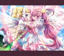  2girls antenna_hair blonde_hair bloomers blue_eyes candy_(smile_precure!) commentary_request cure_happy cure_happy_(princess_form) hair_bun head_wings heart heart_hands heart_hands_duo highres hoshizora_miyuki inoshishi_(ikatomo) letterboxed long_hair magical_girl multiple_girls pink_eyes pink_hair pink_skirt precure royal_candy single_hair_bun skirt smile smile_precure tiara twintails underwear white_bloomers wings 