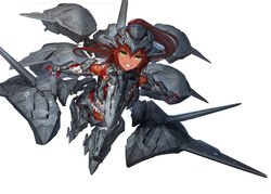  ace_combat ace_combat_x aircraft commentary_request dark-skinned_female dark_skin eyebrows female full_body gauntlets gorget grin hair_between_eyes helmet long_hair looking_at_viewer mecha_musume navel personification red_hair simple_background smile solo spikes star_(symbol) star_print stomach tom-neko_(zamudo_akiyuki) white_background yr-302_fregata 