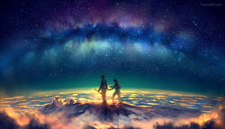  1boy above_clouds artist_name backpack bag boots camera cloud commentary english_commentary female galaxy hawaii holding holding_camera holding_tripod horizon long_hair mauna_kea_observatories mountain night night_sky observatory observatory_dome original photoshop_(medium) ponytail real_world_location scenery sky star_(sky) starry_sky tripod twilight yuumei 