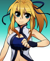  aqua_eyes bare_shoulders blonde_hair blue_bra bra breasts female fingerless_gloves genderswap_(mtf) gloves guilty_gear highres ky_kiske kyko long_hair m.u.g.e.n medium_breasts navel ribbon rule_63 