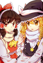  2girls apron ascot blonde_hair bow braid brown_eyes brown_hair commentary_request earmuffs fox_(770205490) gradient_background hair_ribbon hair_tubes hairbow hakurei_reimu hat hat_ribbon highres holding_hands interlocked_fingers japanese_clothes kirisame_marisa long_hair long_sleeves looking_at_viewer miko multiple_girls open_mouth red_eyes ribbon scarf shirt side_braid single_braid skirt skirt_set smile star_(symbol) touhou turtleneck upper_body waist_apron witch_hat 