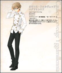  1boy blue_eyes brown_hair caules_forvedge_yggdmillennia character_profile fate/apocrypha fate_(series) glasses konoe_ototsugu male_focus official_art solo translated 