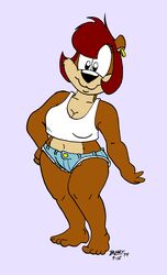  anthro avoid_posting barefoot bear big_breasts bottomwear breasts brown_hair cleavage clothed clothing cynthia_barlow denim denim_clothing ear_piercing feet female hair hi_res mammal piercing shirt shorts solo tank_top thick_thighs tight_clothing topwear wide_hips world_of_fizz worldoffizz 