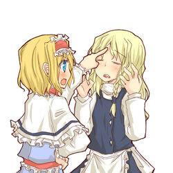  2girls alice_margatroid blonde_hair blue_eyes blush braid closed_eyes commentary_request hairband kirisame_marisa long_hair multiple_girls natsuk open_mouth poking_head short_hair touhou 