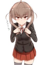  ahoge black_thighhighs blush brown_eyes brown_hair cardigan closed_mouth collared_shirt commentary_request female grey_hair hair_between_eyes hands_up highres light_smile looking_at_viewer md5_mismatch miyako_(yakob_labo) original pleated_skirt red_skirt revision school_uniform shirt simple_background skirt smile solo thick_eyebrows thighhighs twintails white_background white_shirt yakob_labo 