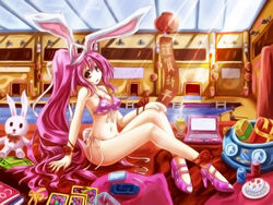  animal_ears arm_support bikini breasts chinese_zodiac commentary computer female front-tie_top heart high_heels highres hoshi_no_gen laptop long_hair looking_at_viewer medium_breasts navel new_year no_nose open_mouth original photoshop_(medium) pink_eyes pink_hair pool rabbit_ears rabbit_tail shoes side-tie_bikini_bottom sideboob sitting solo stuffed_animal stuffed_toy swimsuit tail translated untied very_long_hair year_of_the_rabbit 