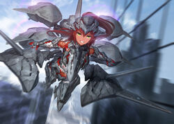  ace_combat ace_combat_x aircraft blue_sky building city commentary_request dark-skinned_female dark_skin day diffraction_spikes eyebrows female full_body gauntlets gorget grin hair_between_eyes helmet lens_flare long_hair looking_at_viewer mecha_musume midair motion_blur outdoors personification red_hair sky skyscraper smile solo stomach tom-neko_(zamudo_akiyuki) yr-302_fregata 