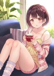  bare_shoulders blue_socks blush breasts brown_eyes brown_hair collarbone commentary_request couch cup day duplicate feet_out_of_frame female fukahire_(ruinon) hair_ornament holding holding_cup hood hoodie indoors long_sleeves looking_at_viewer loungewear medium_breasts off_shoulder original parted_lips pillow pink_shorts pink_sweater pixel-perfect_duplicate plant shirt short_hair shorts single_bare_shoulder sitting socks solo sorai_mahiru_(fukahire) striped_clothes striped_hoodie striped_socks striped_sweater sweater undressing window yellow_shirt 