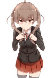  ahoge black_thighhighs blush brown_eyes brown_hair cardigan closed_mouth collared_shirt commentary_request female grey_hair hair_between_eyes hands_up highres light_smile looking_at_viewer md5_mismatch miyako_(yakob_labo) original pleated_skirt red_skirt school_uniform shirt simple_background skirt smile solo thick_eyebrows thighhighs twintails white_background white_shirt yakob_labo 