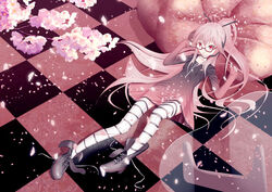  boots checkered_floor commentary_request cul cul_(vocalo_revolution) dress female glasses long_hair lying on_back photoshop_(medium) sitting solo striped_clothes striped_thighhighs thighhighs vocalo_revolution vocaloid yonasawa 