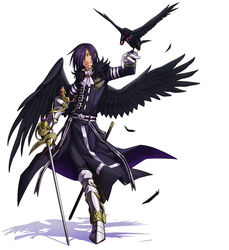  1boy ars_goetia bird bird_on_hand black_wings boots commentary_request feathers full_body gauntlets gloves kyousaku male_focus malphas_(mygrimoire) mygrimoire pants purple_hair rapier red_eyes shadow smile solo sword weapon white_background wings 