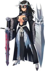  aquaplus armor armored_dress bou_(inubou) breasts center_opening cleavage dark-skinned_female dark_skin detached_sleeves dungeon_travelers_2 female full_body grisherina_efleanor hair_ornament highres large_breasts long_hair looking_at_viewer shield solo standing sword thighhighs transparent_background weapon wide_sleeves 