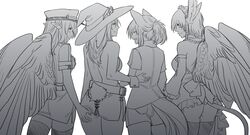  4girls angel_wings animal_ears animal_hands ass ass_grab back bad_link bare_shoulders belt bird_ears closed_eyes closed_mouth cowboy_shot detached_sleeves ear_piercing ears_down feathered_wings fox_ears fox_tail from_behind greyscale griffon_(monster_girl_encyclopedia) grin hair_between_eyes haohi_(less) hat highres jacket kiyone_(psychofox) less long_hair looking_at_another microskirt monochrome monster_girl_encyclopedia multiple_girls no_panties original peaked_cap piercing pointy_ears profile rabbit_ears rabbit_tail second-party_source short_sleeves shorts simple_background skirt smile tail thighhighs tied_hair white_background wings witch_hat 