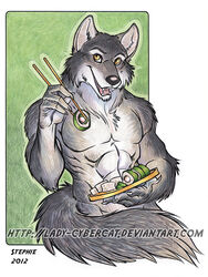  2012 3:4 4_fingers abs anthro black_nose canid canine canis cybercat fingers food fur grey_body grey_fur holding_object looking_at_viewer male mammal muscular muscular_anthro muscular_male open_mouth scar smile solo sushi teeth traditional_media_(artwork) wolf yellow_eyes 