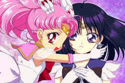  2girls back_bow bishoujo_senshi_sailor_moon black_hair bow brooch brown_bow chibi_usa commentary_request cone_hair_bun d_(pixiv544157) double_bun earrings elbow_gloves gloves gradient_background hair_bun hair_ornament hairpin jewelry magical_girl multiple_girls official_style pink_background pink_hair pink_sailor_collar purple_background purple_eyes purple_sailor_collar red_eyes sailor_chibi_moon sailor_collar sailor_saturn sailor_senshi_uniform short_hair smile star_brooch super_sailor_chibi_moon tamegai_katsumi_(style) tiara tomoe_hotaru twintails white_gloves 