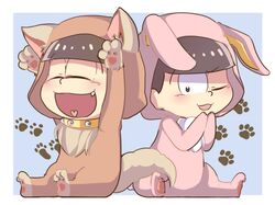  2boys :3 :d animal_collar animal_costume animal_ears arms_up bad_id bad_pixiv_id black_eyes black_hair blunt_bangs brothers chibi closed_eyes collar dog_boy dog_costume dog_ears dog_tail full_body fur hand_to_own_mouth happy heart heart_in_mouth hood koineko_(aph0310) looking_at_viewer male_focus matsuno_jyushimatsu matsuno_todomatsu multiple_boys one_eye_closed open_mouth osomatsu-kun osomatsu-san osomatsu_(series) paw_print rabbit_costume rabbit_ears siblings sitting smile tail teeth 