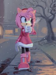  amy_rose animal_ears bare_tree boots coat commentary cup drink drinking english_commentary female full_body furry furry_female gloves green_eyes hairband hedgehog_girl highres holding holding_cup knockabiller looking_to_the_side outdoors pink_coat pink_fur red_footwear red_hairband scenery sidewalk snowing solo sonic_(series) standing steam tree walking white_gloves winter winter_clothes 