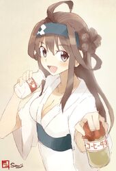  ahoge alternate_costume bad_id bad_twitter_id bath_yukata blue_eyes bottle brown_hair coffee_milk female hair_bun hairband japanese_clothes kantai_collection kimono kongou_(kancolle) long_hair milk milk_bottle open_mouth shigino_sohuzi single_hair_bun solo white_kimono yukata 