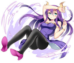  :o adapted_costume aqua_eyes arm_up armlet bare_shoulders black_pantyhose blush bracelet breasts commentary_request dress female full_body genderswap_(mtf) headpiece high_heels jewelry kaki_s loki_(p&amp;d) long_hair looking_away medium_breasts open_mouth pantyhose photoshop_(medium) purple_dress purple_hair puzzle_&amp;_dragons rule_63 simple_background sleeveless sleeveless_dress solo white_background 