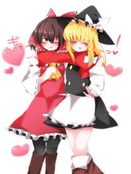  2girls ;d ^_^ apron bad_id bad_twitter_id blonde_hair blouse blush boots bow braid brown_hair closed_eyes commentary detached_sleeves frilled_skirt frills hair_ribbon hair_tubes hairbow hakurei_reimu hat hat_bow hat_ribbon highres hiyorinrin kirisame_marisa large_bow long_hair long_sleeves medium_hair miniskirt multiple_girls one_eye_closed open_mouth pantyhose red_eyes ribbon ribbon-trimmed_sleeves ribbon_trim scarf shared_clothes shared_hat shared_scarf shirt side_braid single_braid skirt skirt_set smile touhou vest waist_apron white_bow wide_sleeves witch_hat yuri 