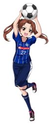  :d armpit_peek ball brown_hair female full_body girls_und_panzer girls_und_panzer_senshadou_daisakusen! j._league kadotani_anzu long_hair mito_hollyhock official_art open_mouth simple_background smile soccer soccer_ball soccer_uniform solo sportswear transparent_background twintails uniform v-shaped_eyebrows 