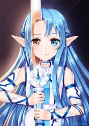  artist_name asuna_(sao) asuna_(sao-alo) bare_shoulders blue_eyes blue_hair blush brown_eyes brown_hair commentary_request detached_sleeves dual_persona elf female holding holding_sword holding_weapon long_hair long_sleeves nyanafk pointy_ears rapier ray_of_grace reflection reflective_weapon smile sword sword_art_online weapon 