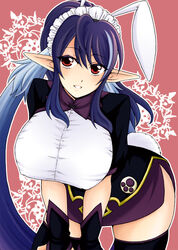  alternate_costume animal_ears asaki_yukia black_thighhighs blue_hair breasts commentary_request dress elf female judith_(glamorous_maid)_(tales) judith_(tales) large_breasts leaning_forward long_hair maid_headdress official_alternate_costume pointy_ears ponytail rabbit_ears rabbit_tail red_eyes solo tail tales_of_(series) tales_of_vesperia thighhighs zettai_ryouiki 