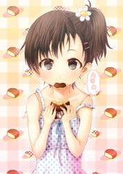  bra_strap brown_eyes brown_hair checkered_background choco_pie commentary_request cookie dress eating female food food_in_mouth hair_ornament hairclip highres hyuuga_azuri original polka_dot polka_dot_dress side_ponytail solo strap_slip unmoving_pattern upper_body 