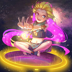  :d absurdly_long_hair armlet barefoot blonde_hair blue_eyes bracelet commentary_request crop_top double_v feet female full_body heterochromia highres hong_yu jewelry league_of_legends long_hair midriff multicolored_hair navel necklace open_mouth purple_eyes purple_hair sarong scarf shorts sitting sky smile solo star_(sky) starry_sky toeless_legwear toes two-tone_hair v very_long_hair zoe_(league_of_legends) 