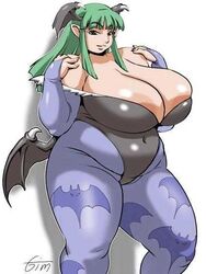  bare_shoulders bat bats belly breasts capcom chubby cleavage curvy darkstalkers demon_girl doomcomic elbow_gloves fat gloves green_hair hands_on_shoulders head_wings headwings hips huge_breasts jpeg_artifacts long_breasts long_hair morrigan_aensland pantyhose plump pointy_ears skin_tight smile solo standing succubus thick_thighs thighs vampire_(game) wide_hips wings 